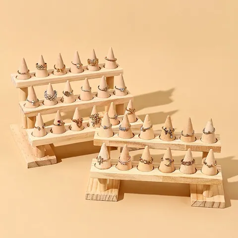 Solid Wood Ring Display Stand Multi Layer Stepped Jewelry Holder Conical Pegs Desktop Organizer Counter Showcases Natural Rustic