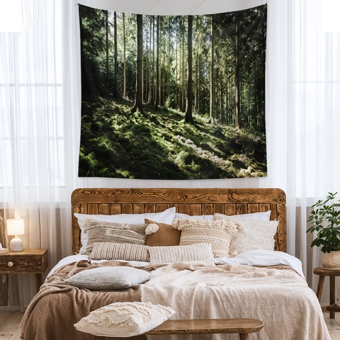 Forest Tapestry Nature Landscape Wall Hanging Mist Sunlight Polyester Fabric For Bedroom Living Room Home Decor Ins Style