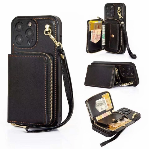 Multi-functional Zipper Wallet Phone Case With Card Slots Crossbody Strap Lanyard Faux Leather Shockproof Cover For iP 15 14 13 Pro Max