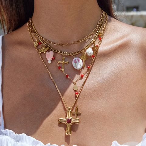 Collana Con Croce Gothic Punk Acciaio Inossidabile Placcato Oro 18K Ciondoli Multistrato Vintage Estetica Cuore Perla Artificial Angelo