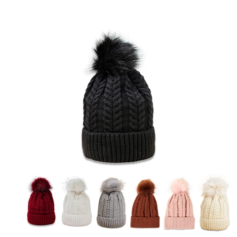 Winter Beanie Hat Acrylic Cable Knit Warm Fleece Lined With Faux Fur Pom Pom For Women Men Outdoor Cold Weather