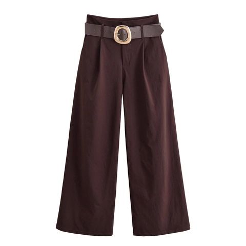 Pantaloni A Gamba Larga A Vita Alta Con Cintura Marrone Vintage Poliestere Retro Casual Pantaloni Lunghi Da Donna Chic