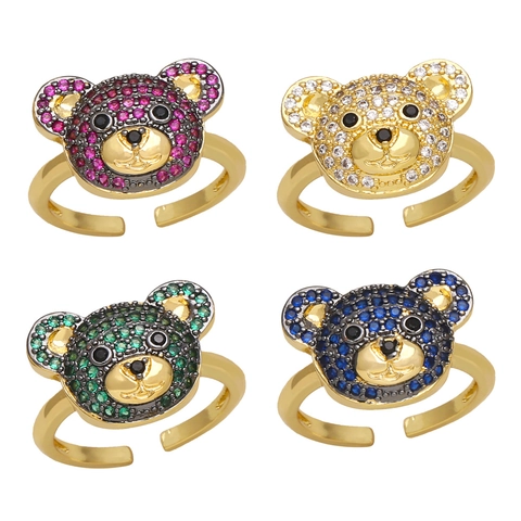 Teddy Bear Adjustable Open Ring Copper Gold Plated Zircon Pavé Cute Animal Jewelry For Women Girls