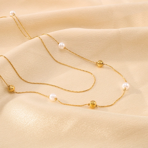 Layered Necklace With Faux Artificial Pearls And Metal Beads Stainless Steel 18K Gold Plated Minimalist Elegant For Women