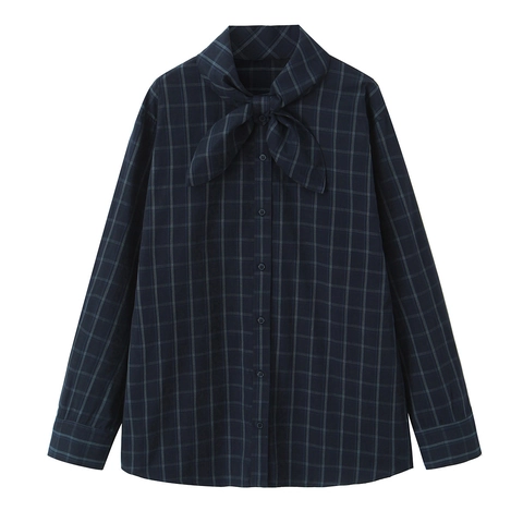 Camisa De Cuadros Para Mujer Manga Larga Con Lazo Cuello Botones Blusa Casual Oficina Poliéster Azul Marino