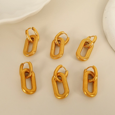 Elegantes Pendientes de Acero Inoxidable Chapados en Oro con Eslabón Doble Geométrico Óvalo Textura en Espiral Pendientes de Botón Mujer Joyería