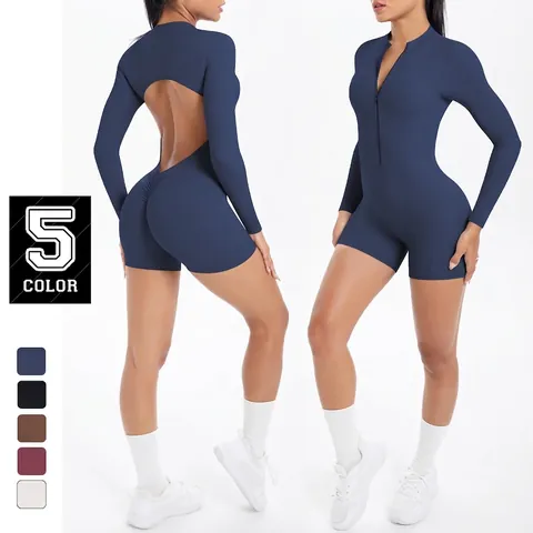 Dames Sport Jumpsuit Lange Mouwen Romper Nylon Spandex Open Rug Holle Voorritssluiting Ruched Scrunch Billen Yoga Fitness