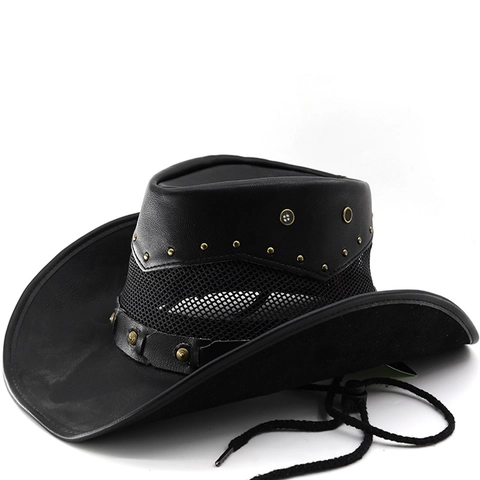 Western Cowboy Hat Suede Breathable Mesh Wide Brim Vintage Studded Adjustable Chin Strap For Outdoor Travel Unisex