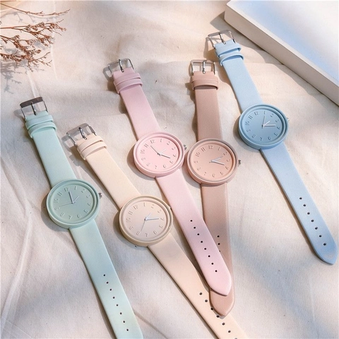 Minimalist Macaron Colors Alloy Case Faux Leather Strap 3D Embossed Dial Waterproof Casual Fashion Women's Quartz Watch
