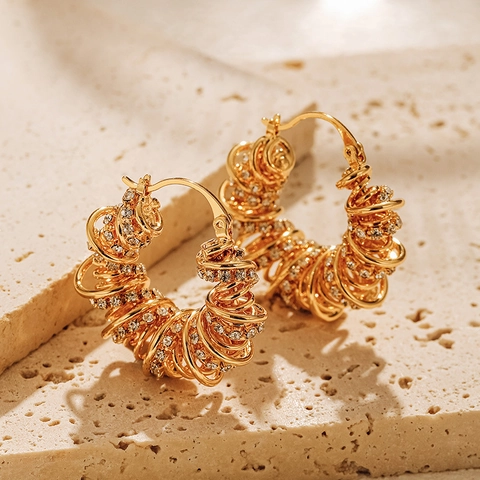 Pendientes de Aro de Cobre Bañados en Oro de 18K de Lujo para Mujer Diseño de Resorte con Circonia Incrustada Joyería de Moda Geométrica