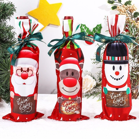 Christmas Wine Bottle Cover Cloth Cartoon Santa Snowman Reindeer Printed Table Dinner Decoration Festive Gift Bag