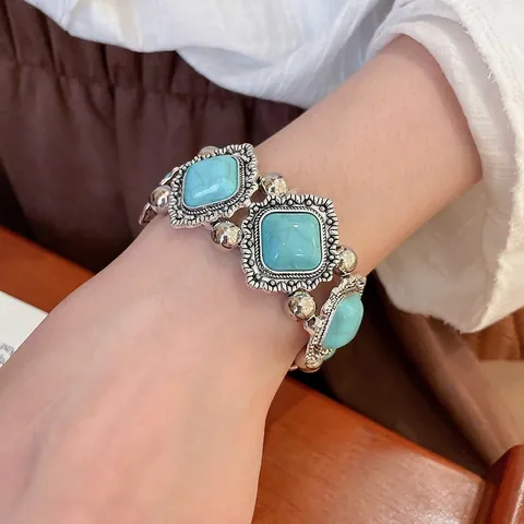 Bracciale Elastico Bohemien Vintage Lega Turchese Geometrico Rombo Retrò Inciso Bracciale Per Donne