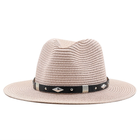 Wide Brim Fedora Straw Hat With Rivet Leather Band Summer Sun Protection Beach Travel Western Style For Men Women