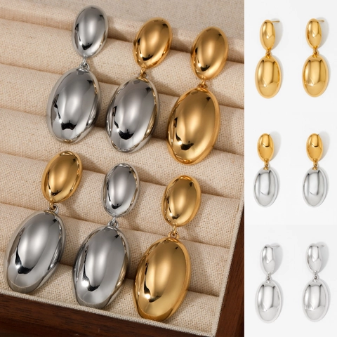 Edelstahl Doppel Oval Hängeohrringe Spiegelpoliert Hypoallergen Wasserdicht Französischer Retro INS Stil Für Frauen