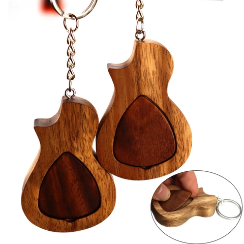Hölzerner Gitarrenförmiger Plektrenhalter Schlüsselanhänger Mit Holz Plektrum Magnetverschluss Etui Für Gitarristen