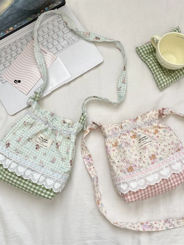 Borsa A Tracolla Per Telefono Stile Giapponese Poliestere Tela Pizzo Cuore Coulisse Cartone Animato Floreale Gingham Kawaii