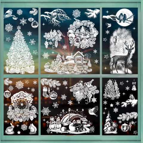 Christmas Window Stickers White PVC Static Clings Snowflake Reindeer Snowman Glass Decal Holiday Party Home Decoration