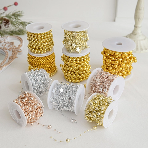 Christmas Bead Chain Garland Plastic Electroplated Star Round Beads DIY Hanging Ornament Xmas Tree Decoration