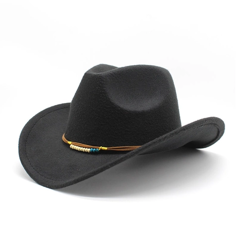 Western Cowboy Hat Wool Felt Wide Brim Beaded Band Ethnic Style Retro Outdoor Travel Fedora Sun Protection For Women Men
