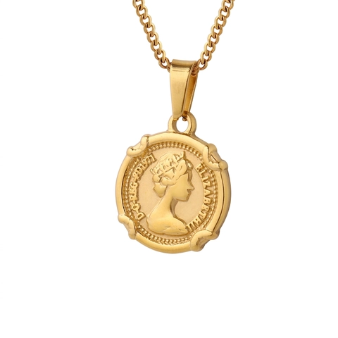 Collana Pendente Moneta Rilievo Ritratto Regina Vintage Acciaio Inossidabile Placcato Oro 18K Gioielli Catenina