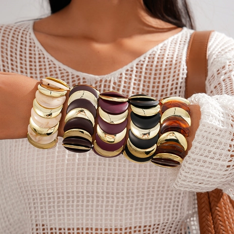 Bracciale Rigido Largo Acrilico Resina Lega Grosso Elastico Boho Retro Gioielli Di Moda Per Donne