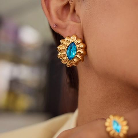 Vintage Blume Edelstahl Schmuck Blauer Zirkon Ring Und Ohrringe Vergoldet Hypoallergen Wasserdicht Für Frauen