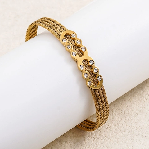 Bracciale Rigido In Acciaio Inossidabile Da Donna Tre File Di Cavi Con Strass Incastonati Polsino Aperto Gioielli Moda