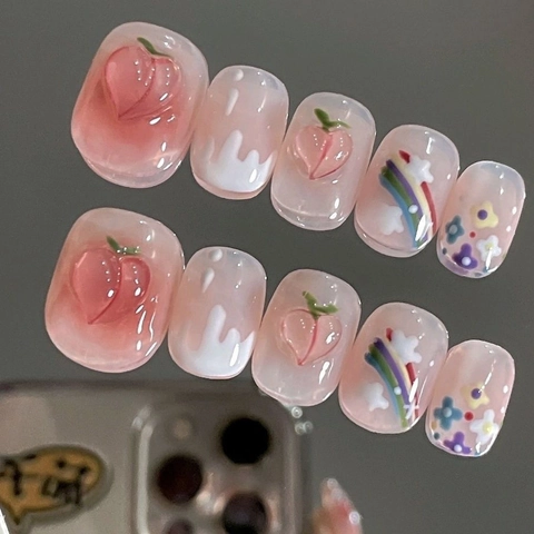 Uñas Postizas de Resina Hechas a Mano con Melocotón 3D Arcoíris y Corazón Estilo Dulce Girly Extraíbles para Mujer Niña