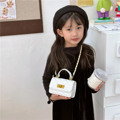 Women'S Pu Leather Solid Color Cute Square Lock Clasp Handbag