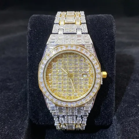 Orologio Uomo Quarzo Strass Quadrato Iced Out Lusso Moda Impermeabile Luminoso Display Data Cinturino Metallo