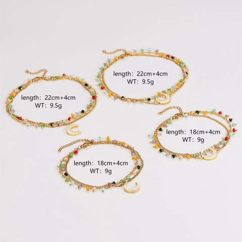 Dubbellaagse Roestvrijstalen Armband Enkelbandje Gekleurde Kralen Maanhanger Bohemia Sieraden Voor Dames Verguld