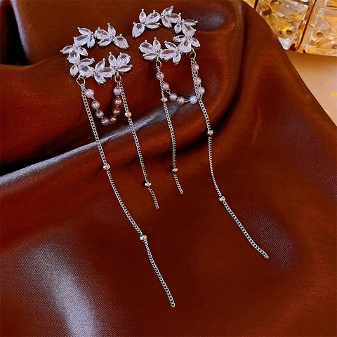 Orecchini Ear Cuff Lunghi In Rame Zircone Foglia Forma C Perla Artificial Imitazione Senza Buco Per Donne Gioielli Eleganti