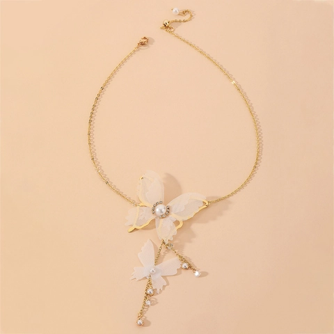 Collana Con Pendente A Farfalla In Pizzo Dolce Lega Imitazione Perla Artificial Strass Elegante Stile Fata Gioielli Catena Lunga Donne