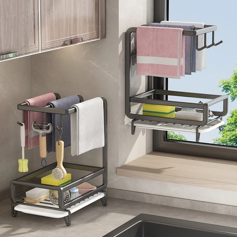 Organisateur D'évier De Cuisine En Acier Carbone Porte-Torchon Avec Bac De Drainage Montage Mural Plan De Travail Rack Moderne