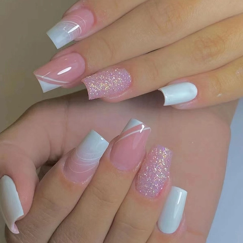Coffin Press On Nails Rosa Weißer Verlauf Geometrische Linien Schimmer French Style Künstliche Fingernägel Für Frauen
