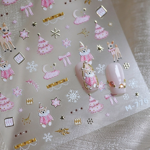 Autocollants Ongles 3D Relief Noël Bronze Doré Rose Hiver Ours Renne Flocon Neige Stickers Manucure Auto Adhésifs
