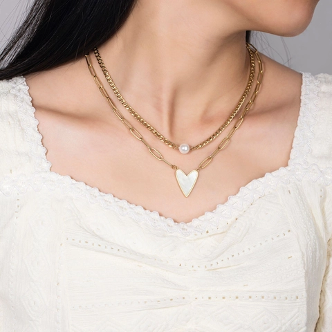 Collier Et Boucles D'oreilles Cœur En Nacre Bijoux En Acier Titane Avec Künstliche Perles D'imitation Élégant Minimaliste Femme