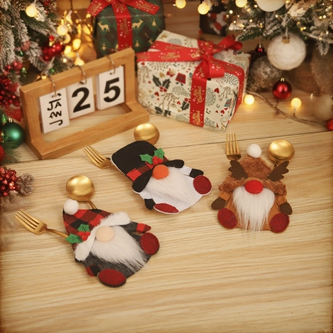 Porte Couverts De Noël Gnome Renne Tissu Pochettes Argenterie Décoration De Table Fête Style Nordique Accessoires Dîner