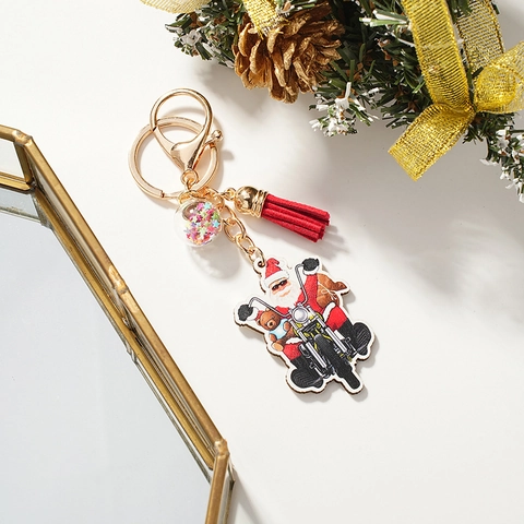 Porte-clés de Noël Père Noël à Moto Avec Gland Rouge et Boule Transparente à Paillettes Étoiles Cadeau de Noël Anneau de Clé