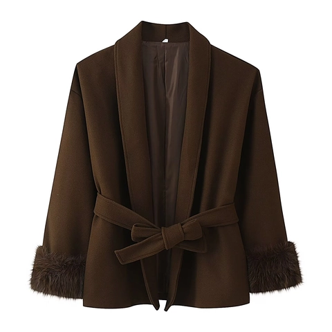 Abrigo de Lana Elegante para Mujer Con Puños de Piel Sintética Cintura Con Lazada Largo Medio Color Sólido Chaqueta Trench Otoño Invierno