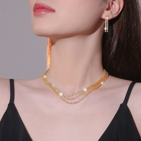 Legering Strass Ketting En Kwastje Oorbellen Sieraden Voor Bruiloft Banket Vrouwen Glanzend Multi Layer Elegant