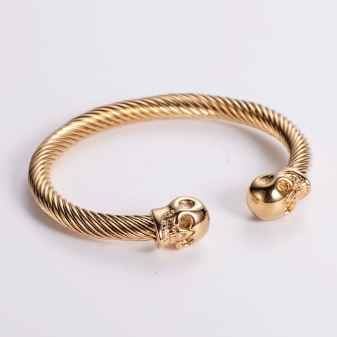 Skull Open Cuff Bracelet Stainless Steel 18K Gold Plated Twisted Wire Cable Punk Hip Hop Jewelry For Men