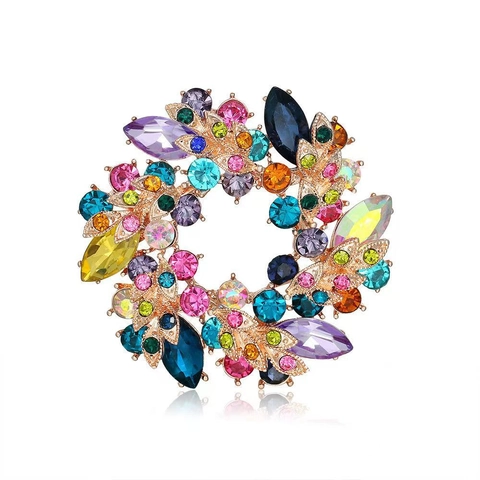 Kranz Blumen Brosche Legierung Strass Bunter Kristall Vintage Elegant Mode Schmuck Zubehör Anstecknadel