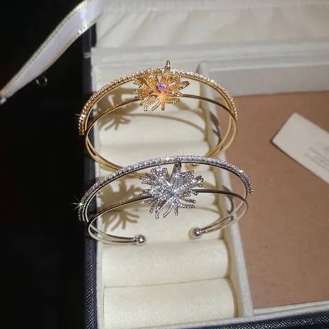 Zircon Starburst Open Bangle Bracelet Copper Double Layer Firework Design Elegant Hand Jewelry For Women