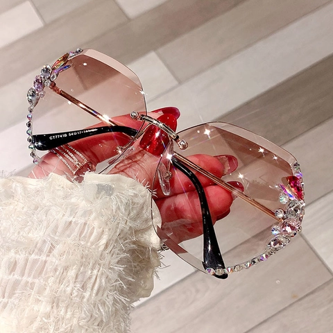 Lunettes De Soleil Surdimensionnées Sans Monture Femme Strass Cristal Géométrique Monture Métal UV400 Verres Dégradés