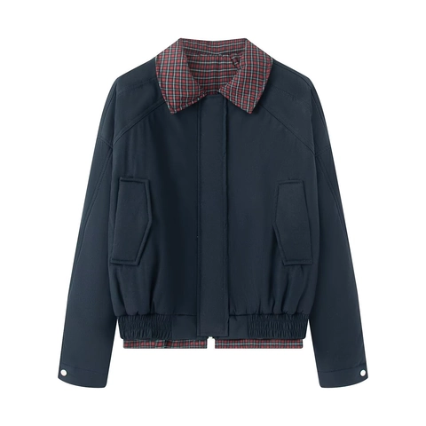 Dames Doorgestikte Gewatteerde Jas Geruite Revers Ritssluiting Lange Mouwen Retro Harrington Mantel