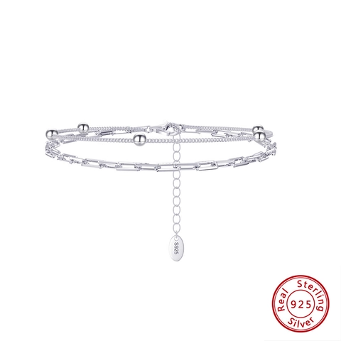 Doppelreihiges Armband 925 Sterling Silber Geometrische Büroklammerglieder Perlen Verstellbar Minimalistisch Für Damen