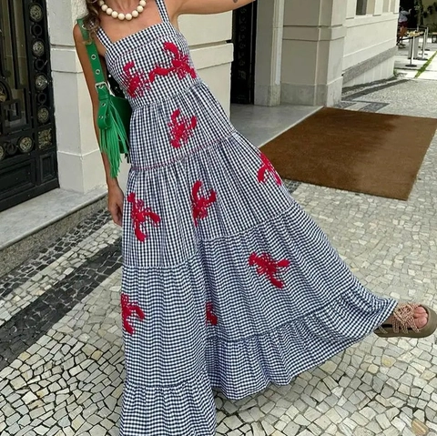 Abito Midi A Quadri Gingham Ricamo Aragosta Rossa Cami Senza Maniche Gonna A Balze Per Donne