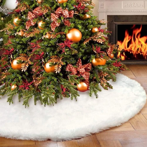 Christmas Tree Skirt White Faux Fur Plush Soft Round Floor Mat Xmas Holiday Home Party Decoration