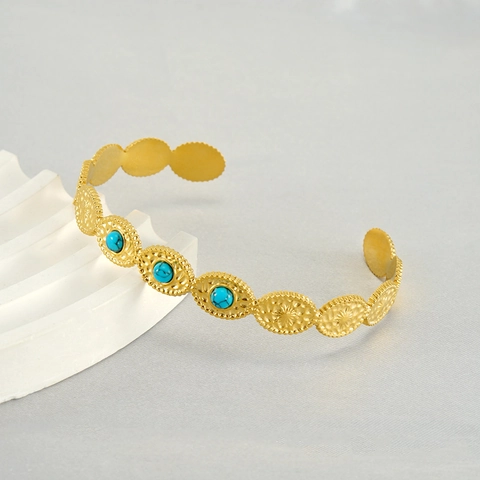 Vintage Vergulde Roestvrijstalen Open Armring Turkoois Boheems Verstelbaar Retro Sieraden Voor Dames